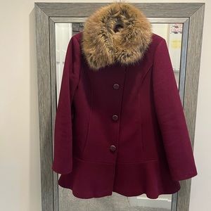 Kate Spade Twill Wool Faux Fur Collar Coat in Midnight Wine